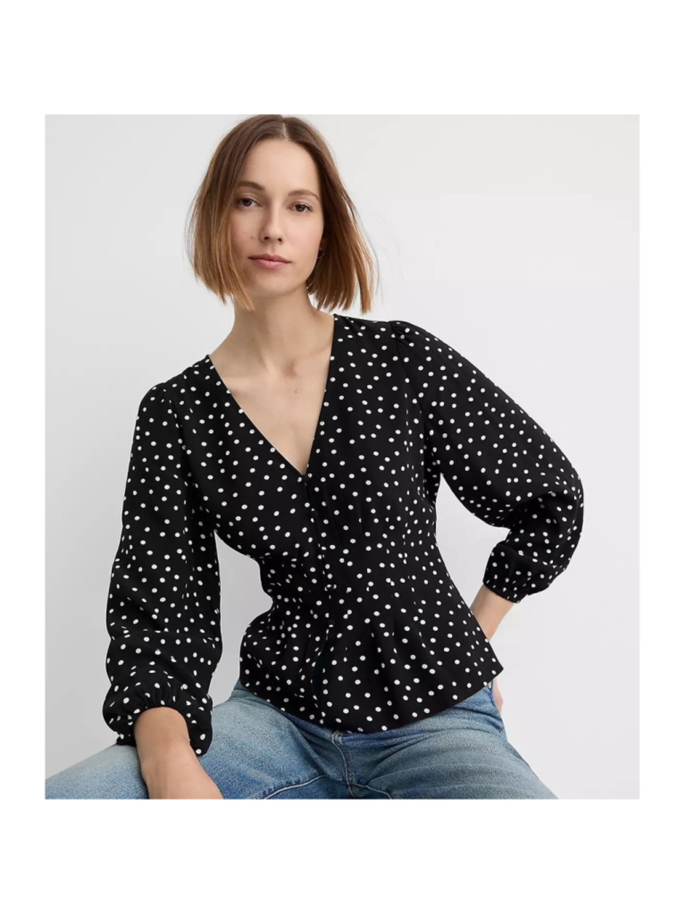 J.Crew Black White Polka Dot Peplum V Neck Puff Sleeve Size 10